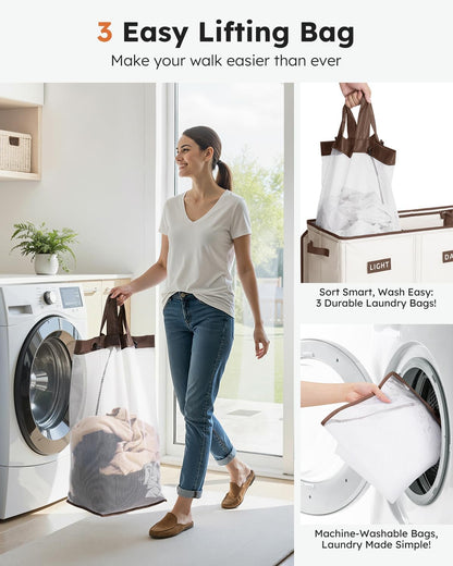 SOLEDI 180L Laundry Hamper 3 Section, Extra Large Laundry Hamper with Lid, Dirty Clothes Hamper with Sturdy Handle, Large Laundry Basket Organizer for Laundry Room, Bedroom, Hampers for Laundry