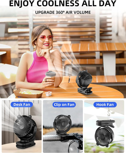 KIDEE Portable Clip on Fan, Small Desk Fan Battery Operated, 360° Rotation, Cute Design, 3 Speed, Mini Table Fan USB Rechargeable, Personal Cooling Baby Stroller Fan for Home Office Outdoor Travel
