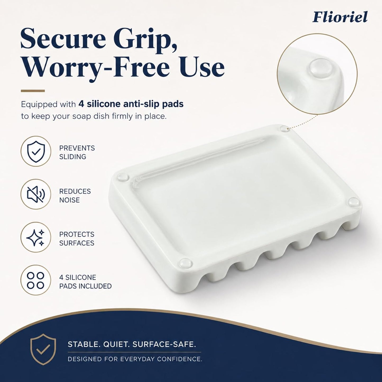 Ceramic Soap Dish Self Draining Soap Holder Bathroom Sink | White Porcelain Soap Tray Self Draining Keeps Soap Dry Anti Slip Silicone Pads Easy Clean Modern Minimalist Bathroom Shower