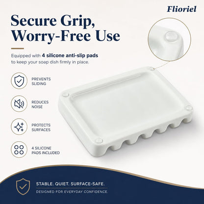 Ceramic Soap Dish Self Draining Soap Holder Bathroom Sink | White Porcelain Soap Tray Self Draining Keeps Soap Dry Anti Slip Silicone Pads Easy Clean Modern Minimalist Bathroom Shower