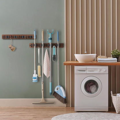 OUTNILI Mop and Broom Holder Wall Mount - Wood Broom Mop Hanger - Wall Mounted Garden Tool Rack Organizer for Closet Garage Laundry Room for Rustic Kitchen Decor With 5 Slots & 4 Hooks