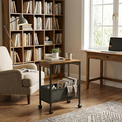 Rustic Brown Rolling Side Table with Storage Basket, Narrow End Table on Wheels for Small Spaces, 15.75" D x 9.84" W x 22.05" H Sofa Side Table with Fabric Bin for Living Room and Bedroom