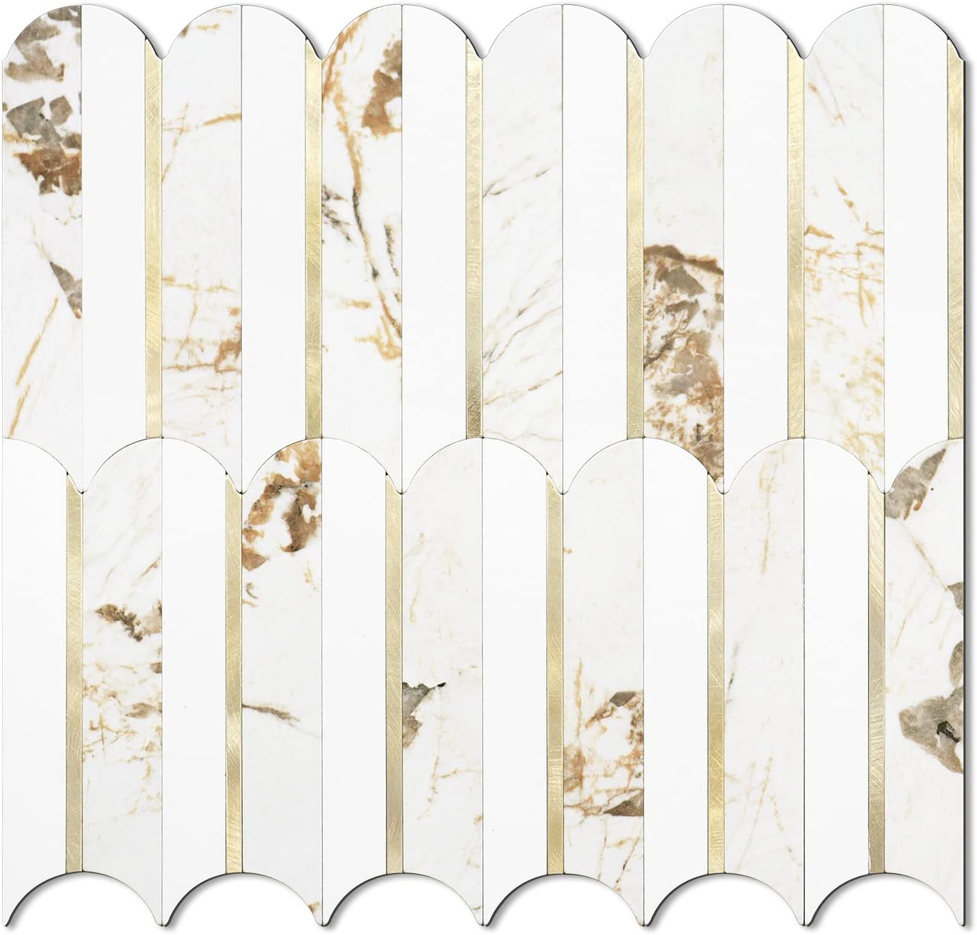 Vamos Peel and Stick Backsplash Seamless Tile for Kitchen and Bathroom,White and Beige Slate PVC Mixed Light Gold Self Adhesive Fish Scale Metal Mosaic Tiles (10 Sheets)