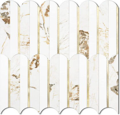 Vamos Peel and Stick Backsplash Seamless Tile for Kitchen and Bathroom,White and Beige Slate PVC Mixed Light Gold Self Adhesive Fish Scale Metal Mosaic Tiles (10 Sheets)