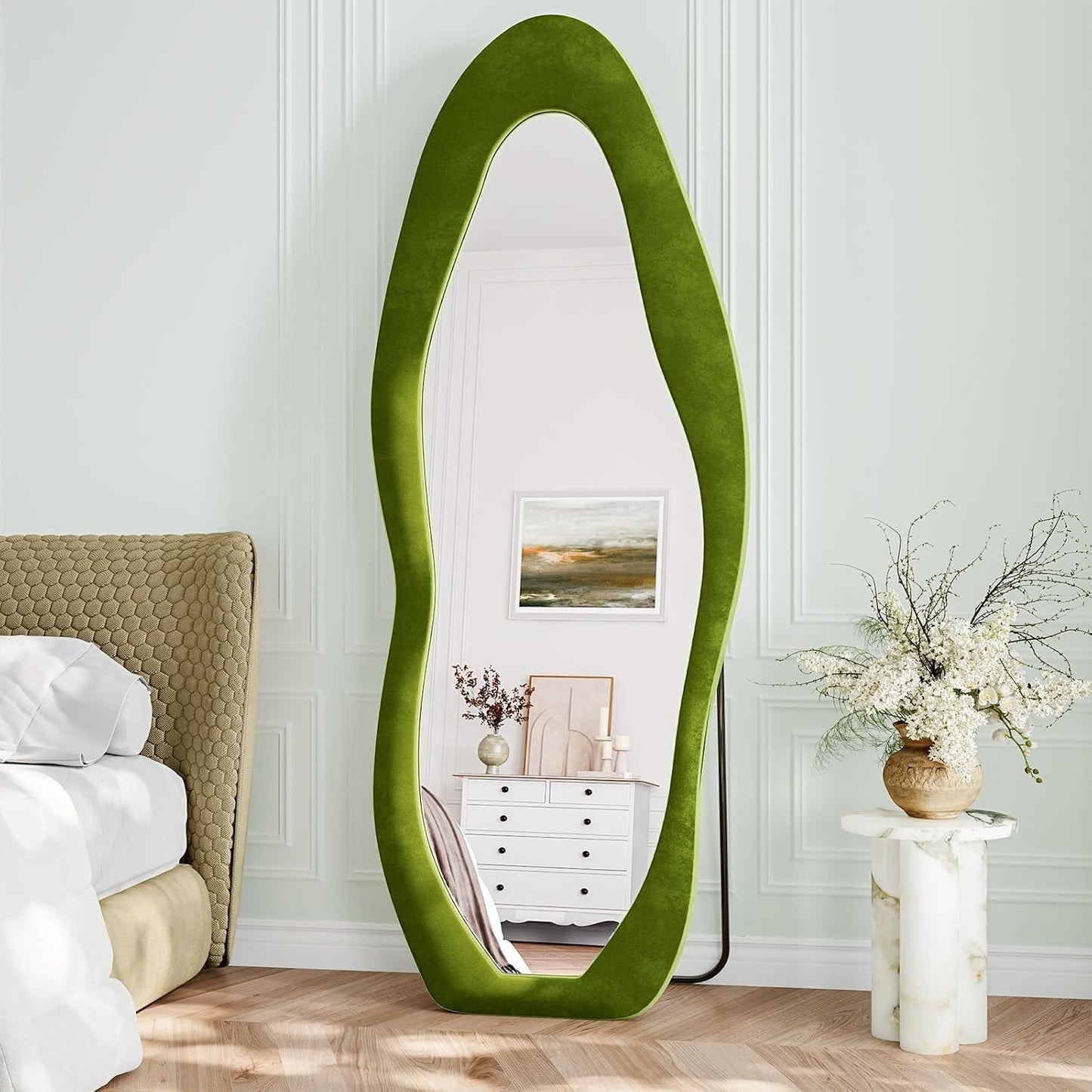 71"x32" Flannel Full Length Mirror, Arched Mirrors Full Length with Stand, Flannel Floor Mirror for Bedroom and Living Room, Full Body Mirror Hanging or Leaning, White
