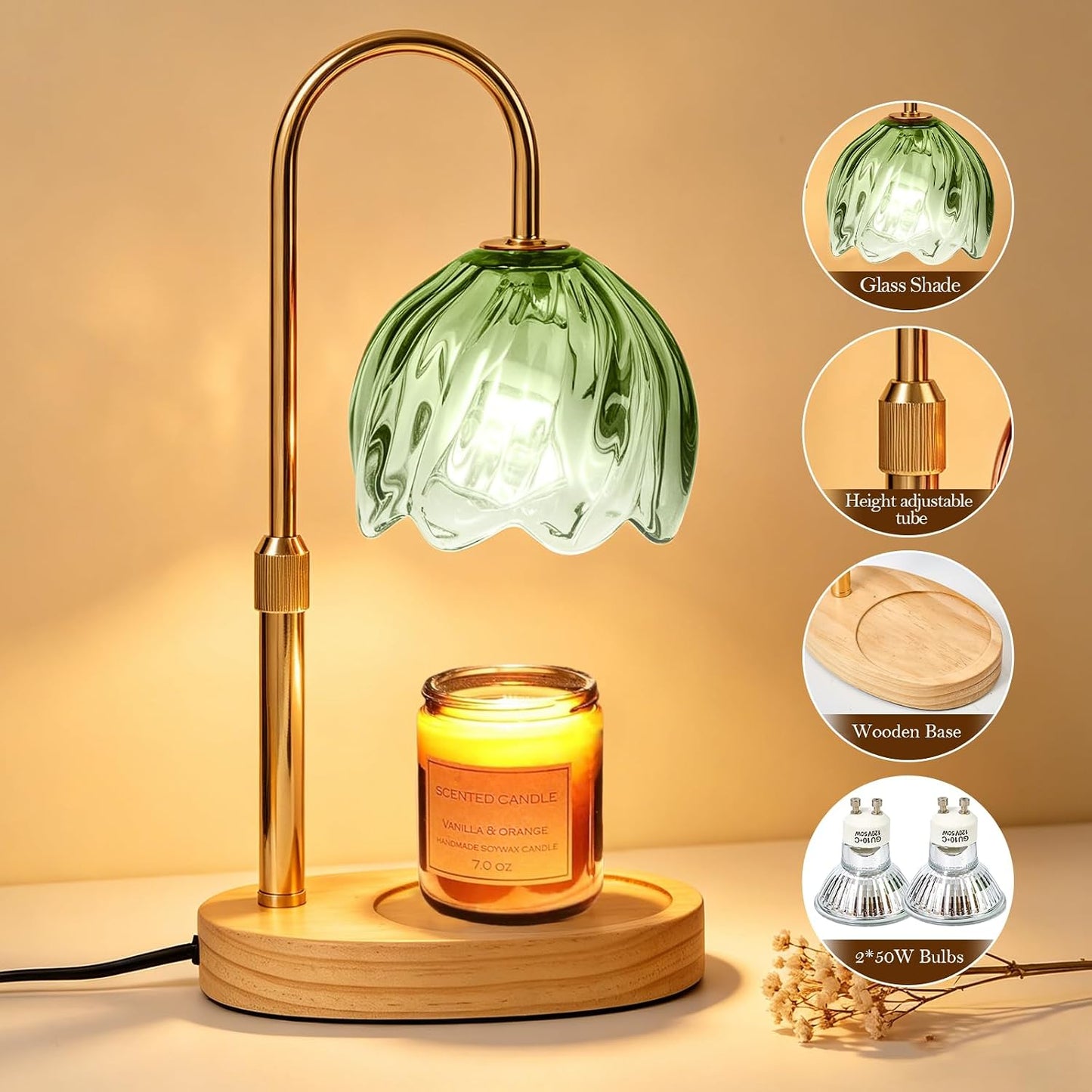 Flower Candle Warmer Lamp with Timer, Dimmable Adjustable Height Wax Melts Warmer for Jar Candles, Birthday Gifts for Women Mom, House Warming Gifts New Home, Bedroom Living Room Decor (Green)
