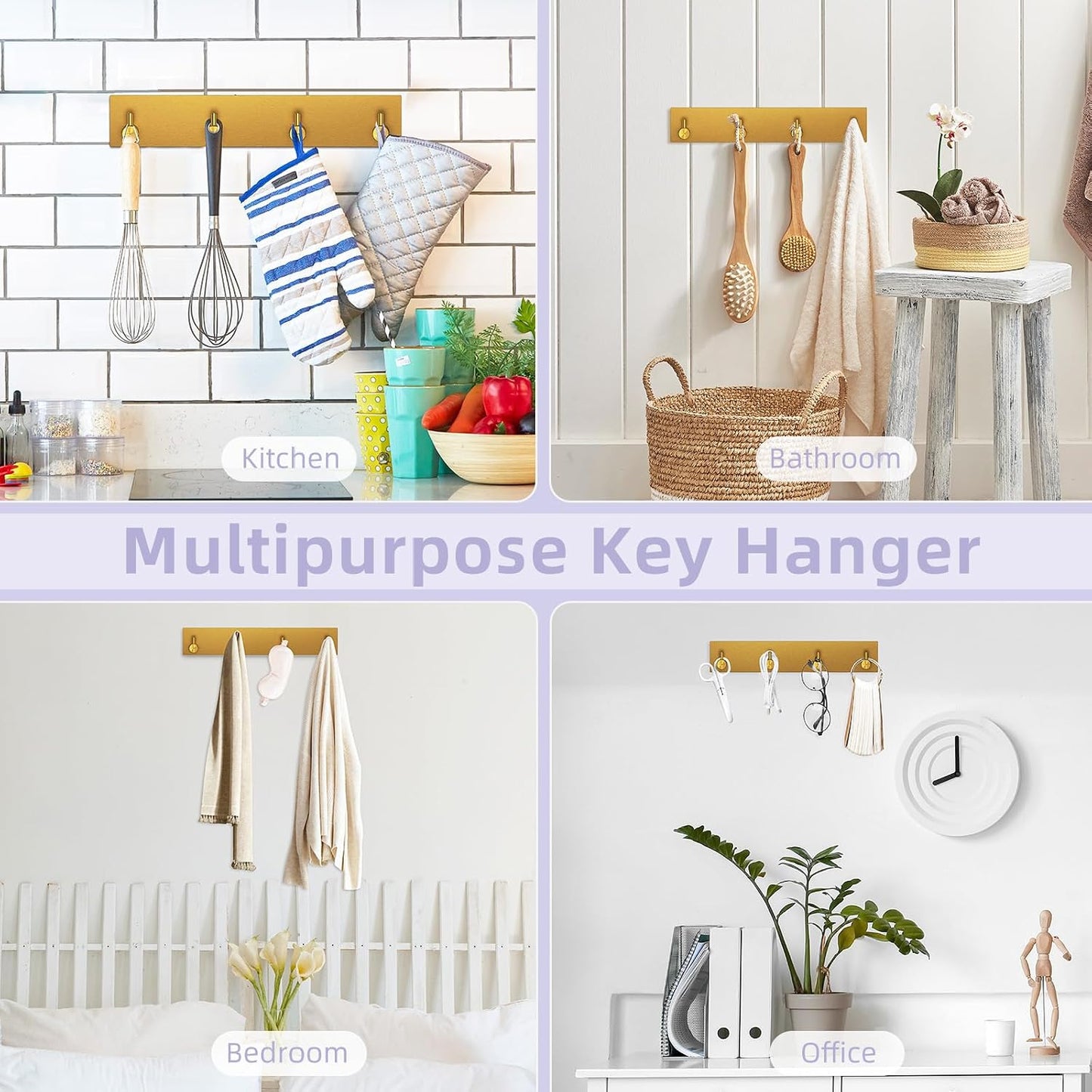 VIS'V Key Holder Wall Mount, Large Adhesive Key Hanger with 4 Hooks, Black | Metal Material, No Drilling, Extra Adhesive Strip, Suitable for Entryway, Hallway, Doorway, Kitchen, Garage, Camper
