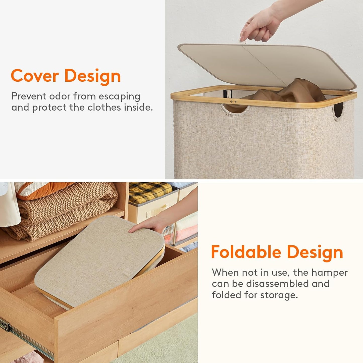 Lifewit 120L Laundry Basket with Lid, Clothes Hampers for Laundry with Bamboo Handles and 2 Removable Bag, Large Foldable Laundry Hamper for Bedroom, Bathroom, Dorm, Laundry Room, Beige