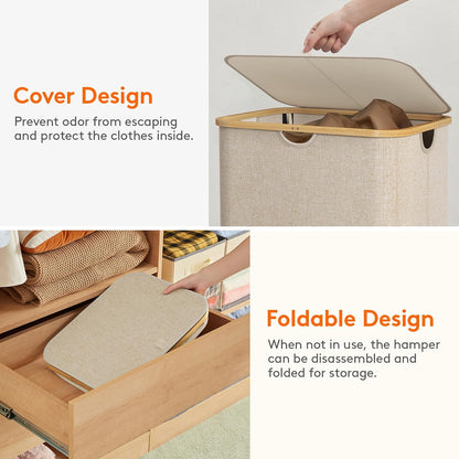 Lifewit 120L Laundry Basket with Lid, Clothes Hampers for Laundry with Bamboo Handles and 2 Removable Bag, Large Foldable Laundry Hamper for Bedroom, Bathroom, Dorm, Laundry Room, Beige
