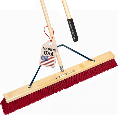 36" Heavy Duty Outdoor Push Broom with 60" Handle. Ideal for Asphalt, Concrete & Heavy Debris. Durable American Made Steel Brackets-Stainless Steel Hardware. No Plastic. 100% USA Made