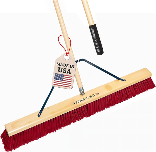 36" Heavy Duty Outdoor Push Broom with 60" Handle. Ideal for Asphalt, Concrete & Heavy Debris. Durable American Made Steel Brackets-Stainless Steel Hardware. No Plastic. 100% USA Made