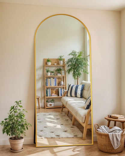 Full Length Mirror with Stand, 71"x28" Arched Full Body Large Stand Up Aluminum Frame Floor Standing Mirror, Freestanding Hanging Leaning Mounted for Bedroom Living Room Entryway Gold