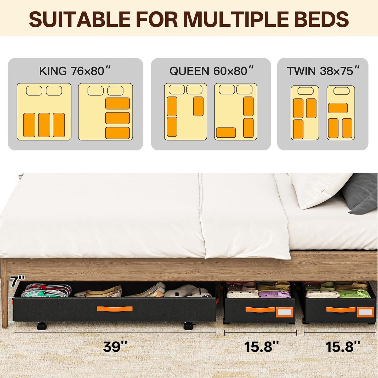 Under Bed Storage with Wheels 39inch, Extra Long Under Bed Storage Bins, Low Profile Under Bed Storage 5.5inch Height No Assemble Storage Containers, Under Bed Shoe Storage with Lids