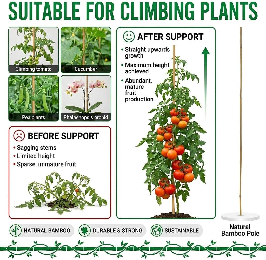 Plant Stakes Natural Bamboo Sticks - 30 Pcs Bamboo Garden Stakes for Plants 4.8 FT Plant Support Sticks with Twist Ties for Tomatoes Beans Flowers Indoor Outdoor Potted Climbing Plants
