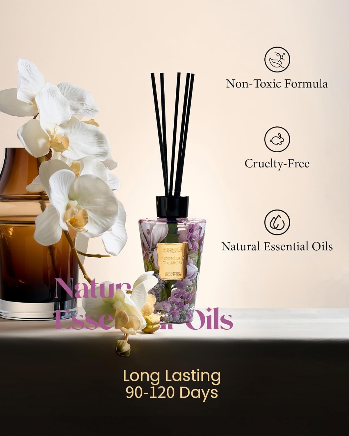 M&SENSE Reed Diffuser Set, Jasmine Sandalwood Scented 6.3 fl oz Natural Essential Oil Diffusers with Sticks, Non-Toxic Organic Air Freshener, Long-Lasting Fragrance Oils for Home Bathroom Living Room