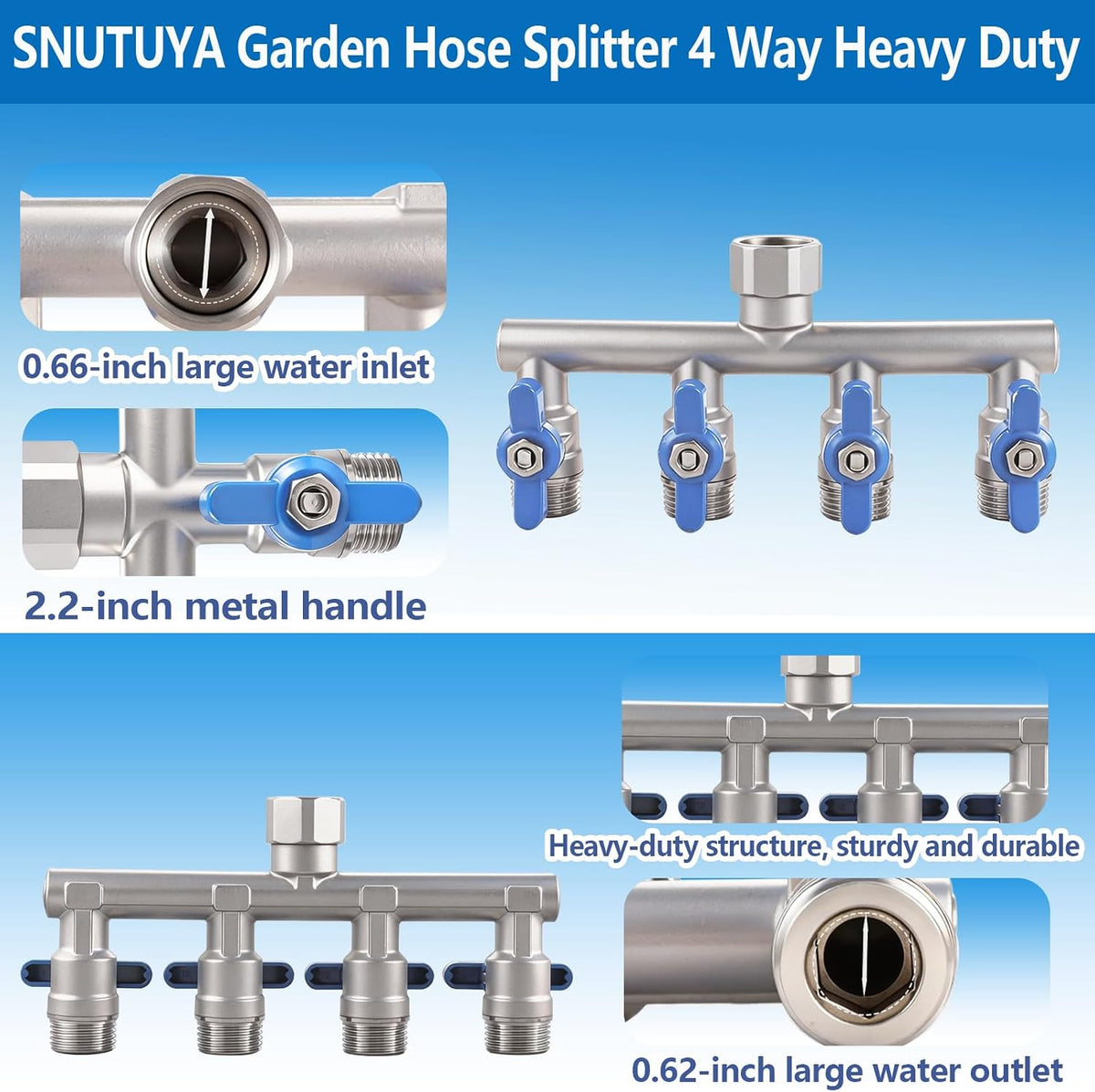 304 Stainless Steel Garden Hose Splitter 4 Way Heavy Duty, Full Flow T Valve Water Hose Splitter With 2.1" Extra Long Handle, Lead-free，3/4" GHT Thread Connector For Outdoor Spigot Faucet