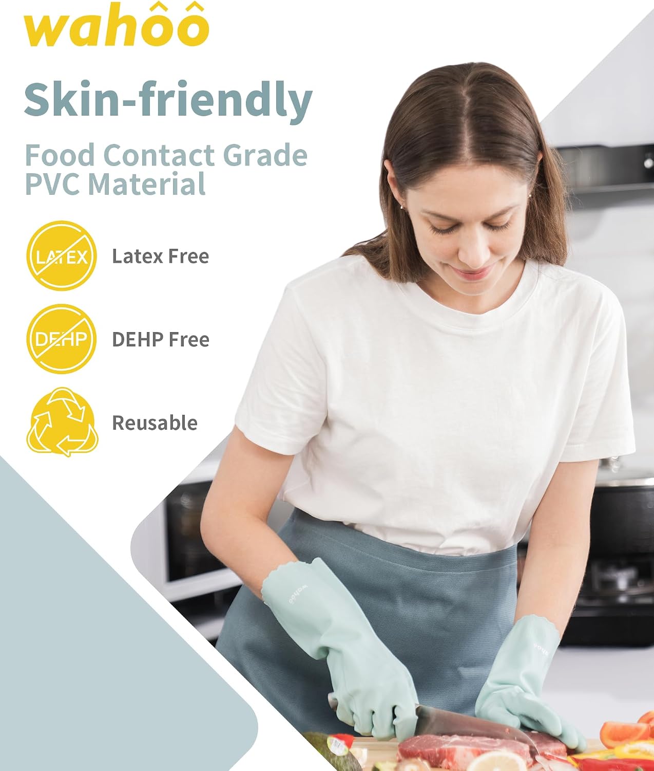LANON Protection wahoo PVC Dishwashing Cleaning Gloves, Reusable Unlined Kitchen Gloves, Non-Slip, Large