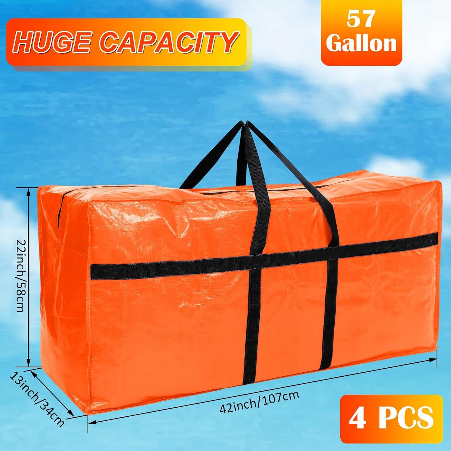Windyun 4 Pack 57 Gallon Extra Large Moving Bags XXL Heavy Duty Storage Bag with Strong Zipper Handle Jumbo Big Tote Box Foldable for College Dorm Travel Clothes Duffle Blanket Pillow(Red)