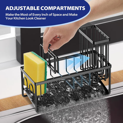 Sinnsally Kitchen Sponge Holder,Sink Caddy Organizer with High Brush Holder,Stainless Steel Sink Box Dish Scrubber Holder,Soap Tray for Kitchen Counter Accessories & Storage Rack(2 Tier - Black)