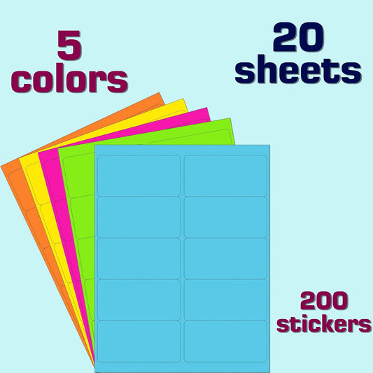 2" x 4" Colored Labels Stickers 5 Colors Moving Stickers for Boxs-200 Pcs | 20 Sheets Bright Color Adhesive Handwritten or Laser/Inkjet Printer for Address Label、Shipping Envelopes & Small Packages