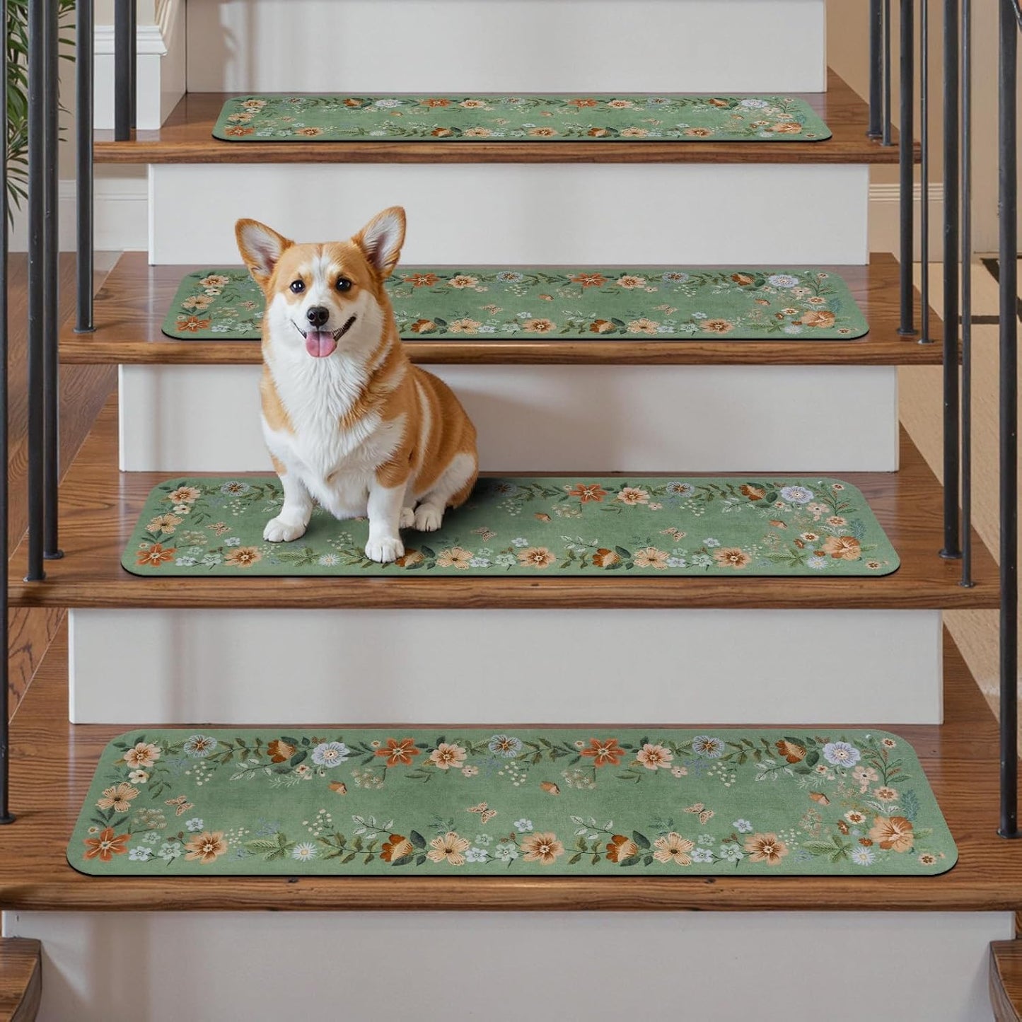OJIA Floral Stair Treads Non-Slip Carpet Stair Treads for Wooden Steps Indoor 15PCS 30"x8" Stair Runner Stair Mats Staircase Step Treads for Kids, Elders and Dogs, Stair Covers, Black