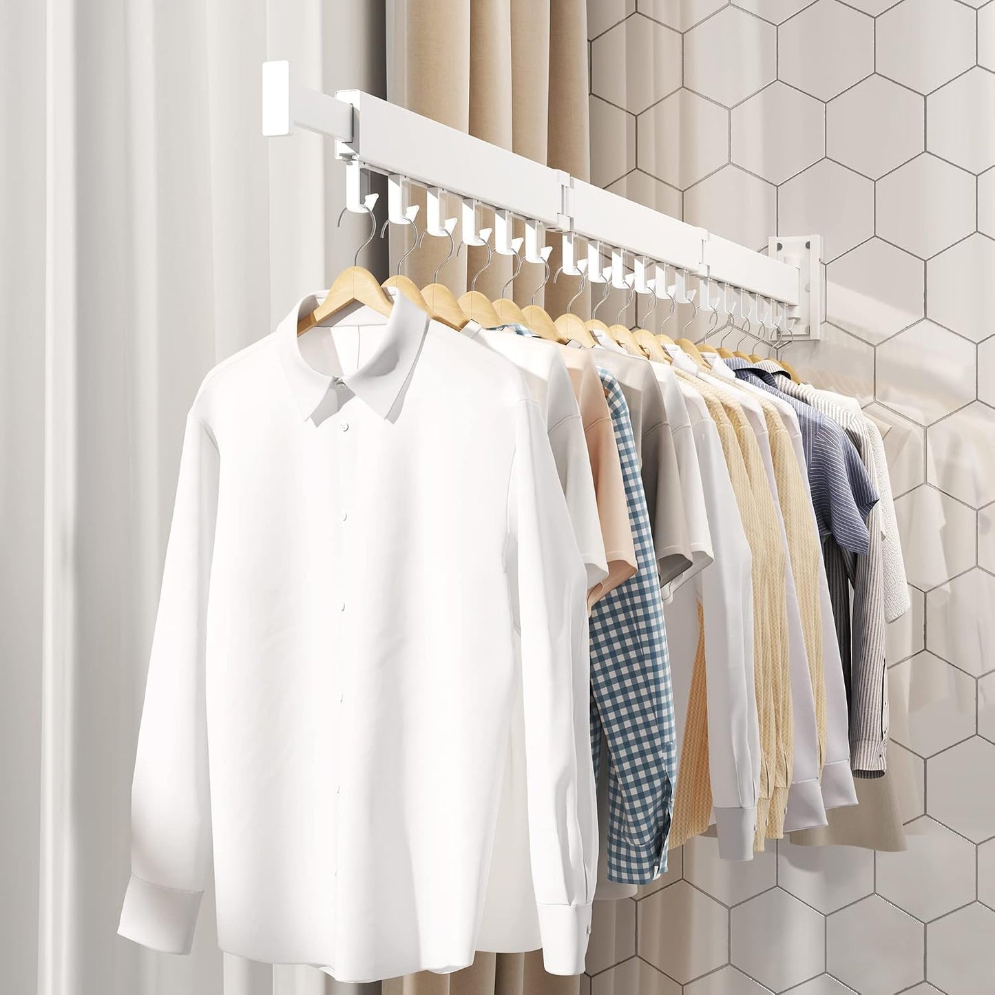 HEILAIYI Clothes Drying Rack for Laundry,Wall Mounted Clothes Hanger Rack,Folding,Retractable,Collapsible(J Shape Hooks)