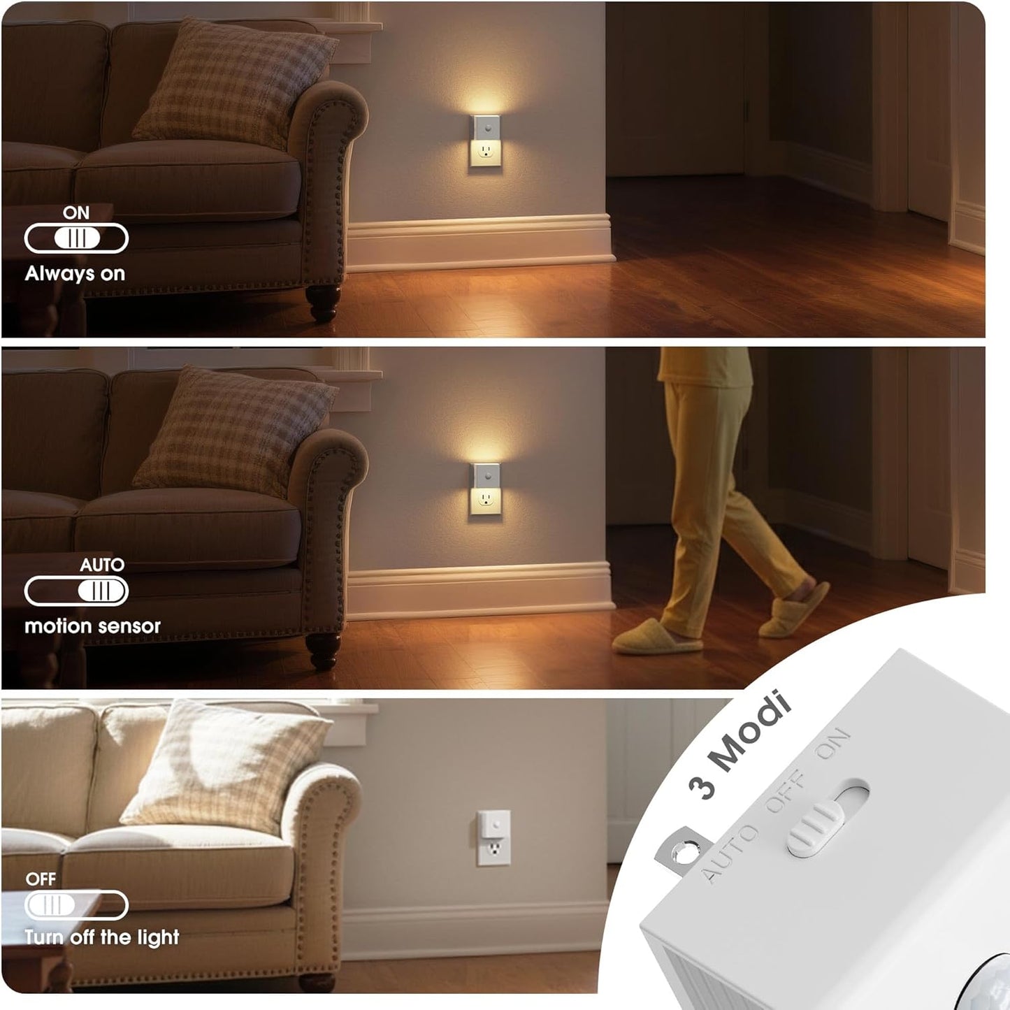 JandCase Motion Sensor Night Light, 2 Pack Motion Activated Night-Lights, 3000K Warm White LED Night Lights Plug into Wall, 30/60LM Adjustable Brightness, for Kids Adults Bathroom Bedroom