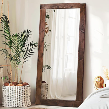 Solid Wood Full Length Mirror - 65"x22" Arched Floor Mirror, Free Standing & Wall Mounted - Elegant Design for Bedroom, Dressing Room, Hallway, Brown