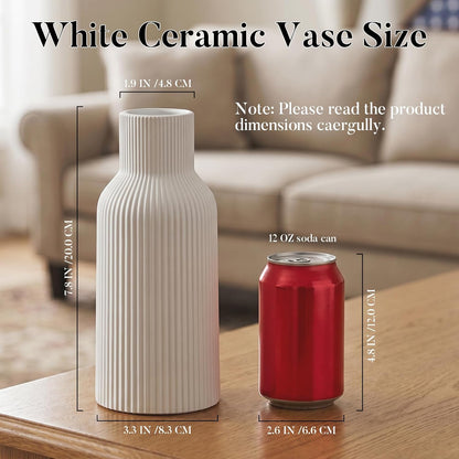 White Ceramic Flower Vases Set of 3, Modern Matte Vertical Ribbed, Nordic Minimalist Decor for Pampas, Dried & Fresh Flowers, Centerpiece for Living Room, Shelf, Entryway, Wedding,Office