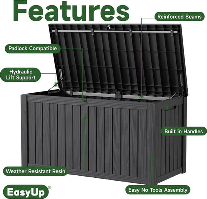 EasyUp 50 Gallon Outdoor Storage Box Waterproof Lockable Deck Boxes | UV Resistant Resin, for Garden Tools Cushions Patio Equipment, 300 lbs Capacity, Portable Design, Easy 16-Min Assembly