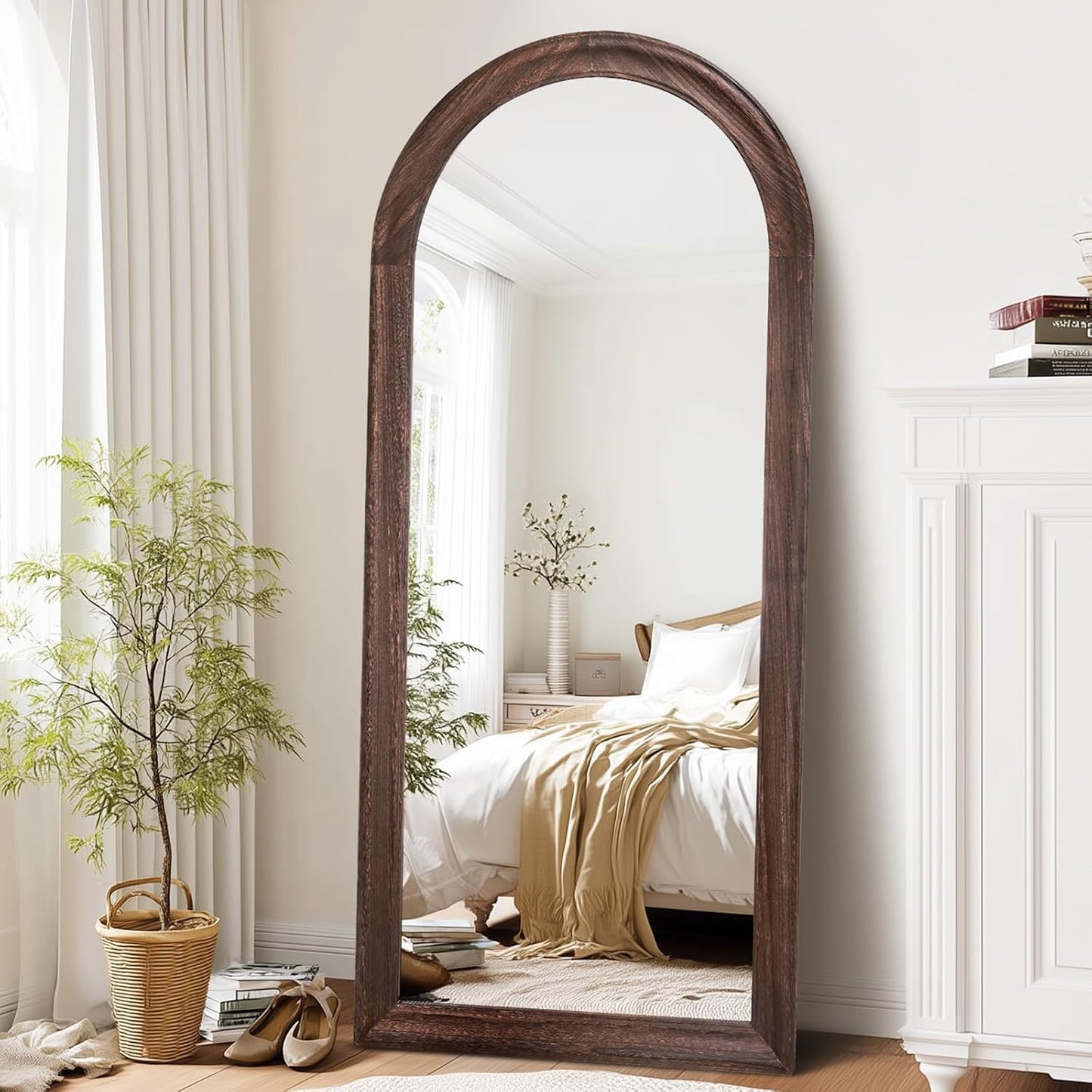 Solid Wood Full Length Mirror - 65"x22" Arched Floor Mirror, Free Standing & Wall Mounted - Elegant Design for Bedroom, Dressing Room, Hallway, Brown