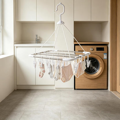 16 Clips Clothes Drying Rack, Stainless Steel Inner Rods Laundry Hanger with Windproof Hook & 360° Rotation, Space Saving Sock Dryer for Underwear, Baby Clothes, Towels, Small Laundry