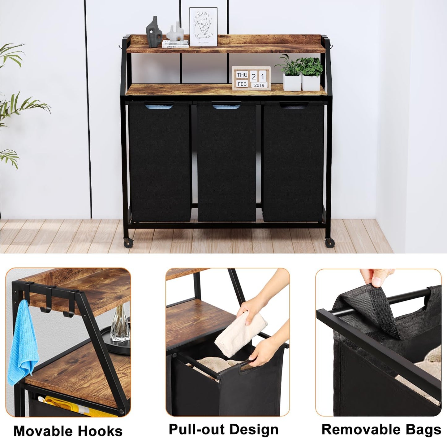 Timberer Laundry Hamper, Laundry Sorter 3 Section, Rolling Laundry Basket with Wheels, 2 Shelves, 3 × 14.5 Gal, Pull-Out and Removable Oxford Fabric Bags, for Laundry Room, Black and Rustic Brown