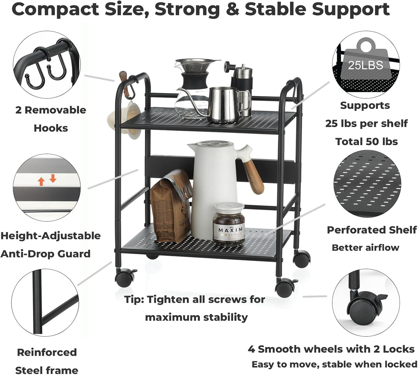 2-Tier Metal Rolling Cart, Compact Under Desk Storage Organizer | 12.2" clearance fits binders & tall bottles; anti-drop safety guard; small space mobile shelf for home, bedroom & office.