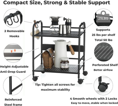 2-Tier Metal Rolling Cart, Compact Under Desk Storage Organizer | 12.2" clearance fits binders & tall bottles; anti-drop safety guard; small space mobile shelf for home, bedroom & office.