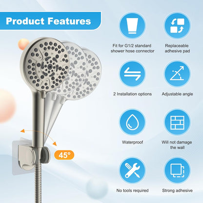 Hibbent Shower Head Holder, Strong Adhesive, Waterproof, Height Adjustable, Wall Mount, No Drilling, Matte Black
