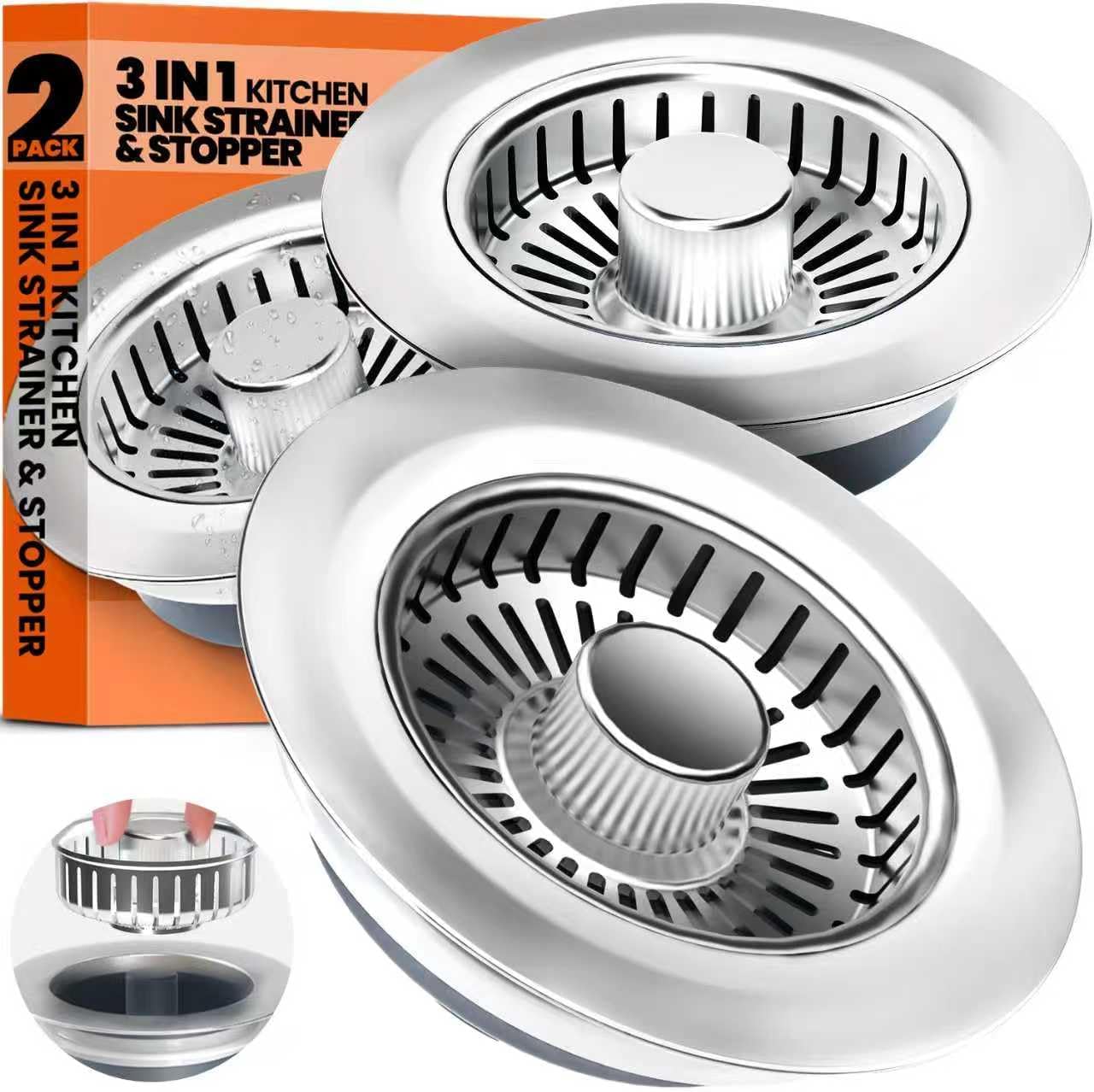 2 Pack Sink Drain Strainer - Sink Stopper, 3 in 1 Stainless Steel Kitchen Drain Plug with Deep Anti-Clog Basket and Odor-Blocking Seal, Pop-Up Design Fits Standard 3-1/2 Inch Sink