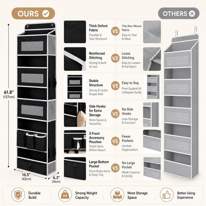 1 Pack Over The Door Organizer Storage, Hanging Organizer Closet with 5 Large Pockets 6 Mesh Pockets, 50 lbs Weight Capacity, Behind Door Storage for Closet Nursery Bedroom Bathroom (Black)