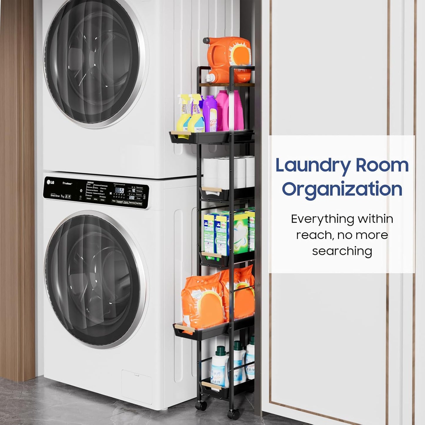 6 Tier Slim Storage Cart with Pull-Out Baskets Rolling Cart with Wheels Wood Top Narrow Utility Cart Metal Shelving Units for Pantry Laundry Room Bathroom Kitchen White 8in(W)