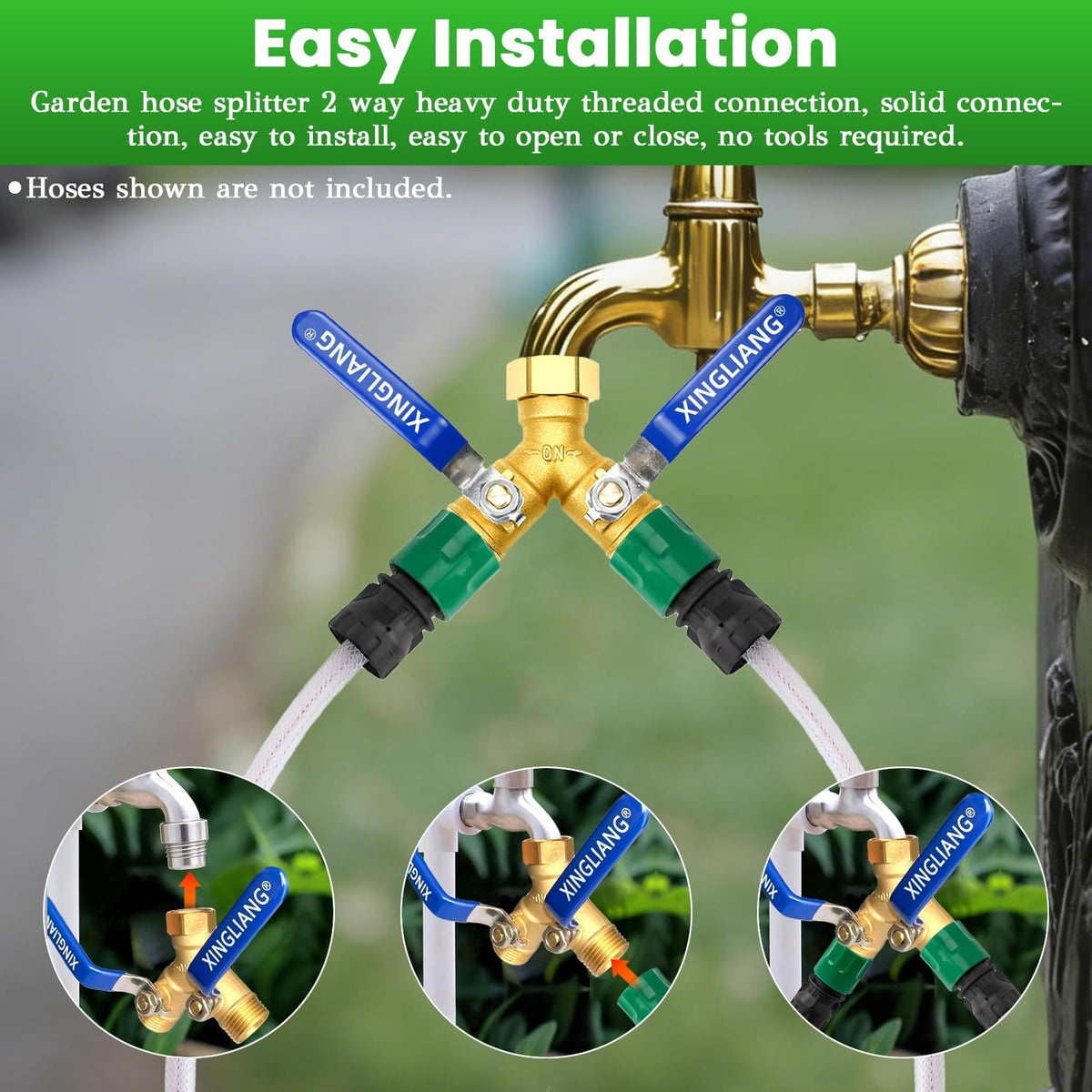 Hose Splitter, Garden Hose Splitter 2 Way with 304 Stainless Steel Long Handle, Heavy Duty Outdoor Brass Hose Splitter Y Tap Splitter 4" Extra Long Metal Handle, 3/4" GHT Thread