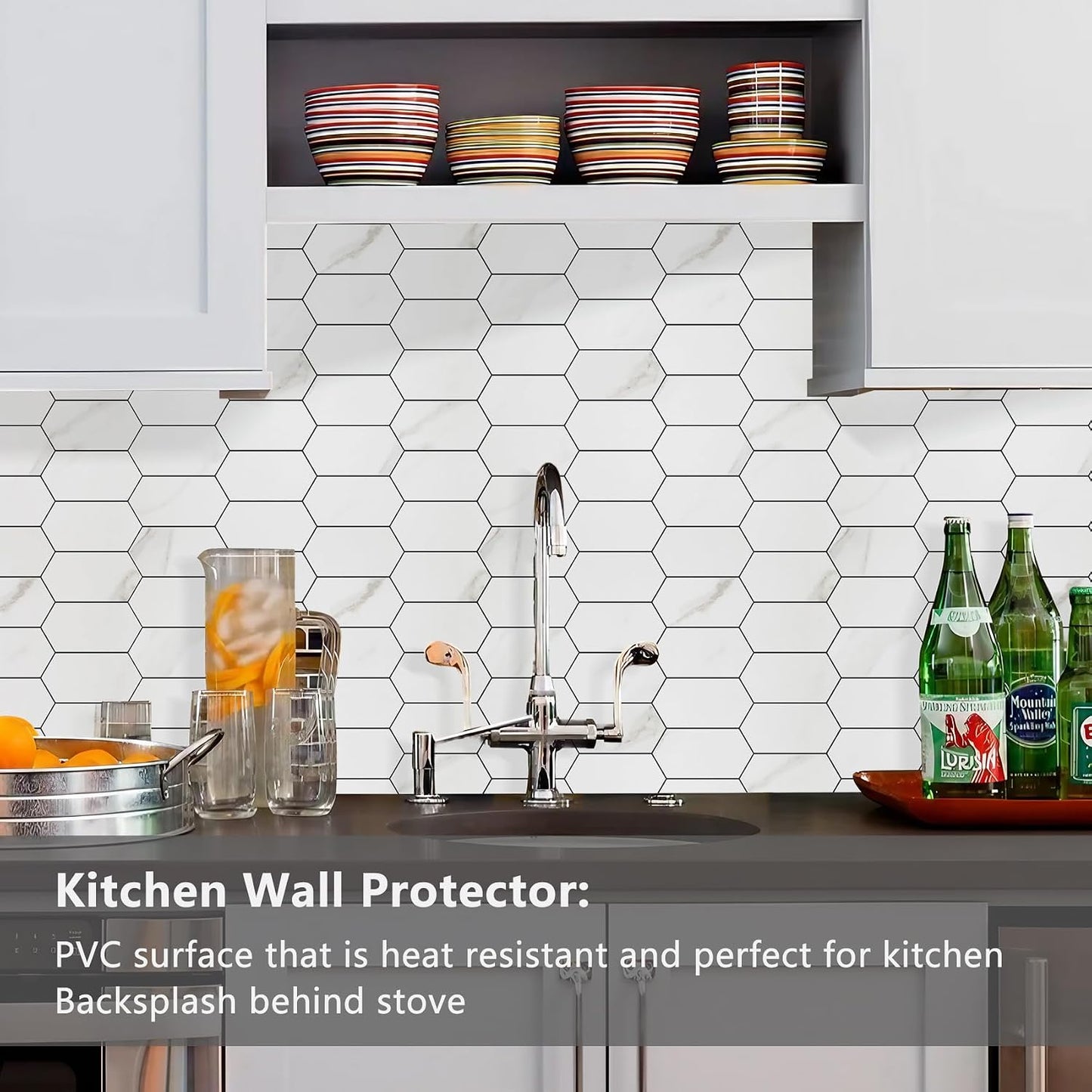 Vamos Tile Long Hexagon Peel and Stick Backsplash Tile - 10 Sheets Stick on Backsplash for Kitchen and Bathroom 12.4 x 12 Inch Glossy Wood Grain PVC Self Adhesive Mosaic Wall Tiles