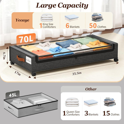 Yecaye Under Bed Storage with Wheels, 2 Pack Under Bed Storage Containers, 60L Underbed Shoe Storage with Clear Window & Label, Rolling Under Bed Metal Drawer for Clothes, Shoes, Books, Blankets
