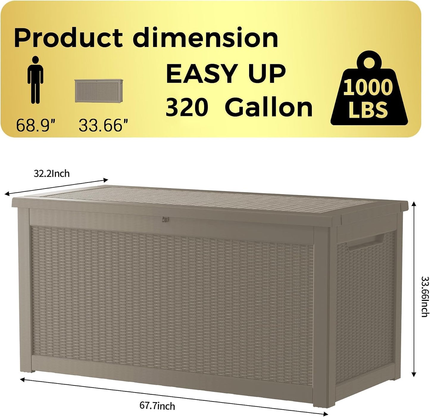 TARKARI 320 Gallon Lockable Resin Deck Box, Waterproof & UV-Resistant Outdoor Storage Box for Outdoor Cushion Storage, Garden Tools & Pool Accessories Storage, Black