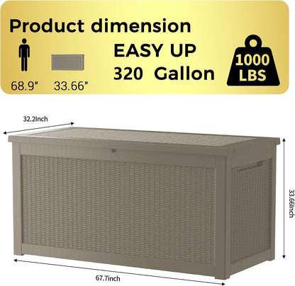 TARKARI 320 Gallon Lockable Resin Deck Box, Waterproof & UV-Resistant Outdoor Storage Box for Outdoor Cushion Storage, Garden Tools & Pool Accessories Storage, Black