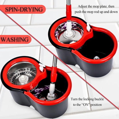 Spin Mop and Bucket with Wringer Set, 360° Spinning Mop Bucket System with 3 Microfiber Mop Replacement Heads and 61" Stainless Steel Adjustable Handle for Floor Cleaning