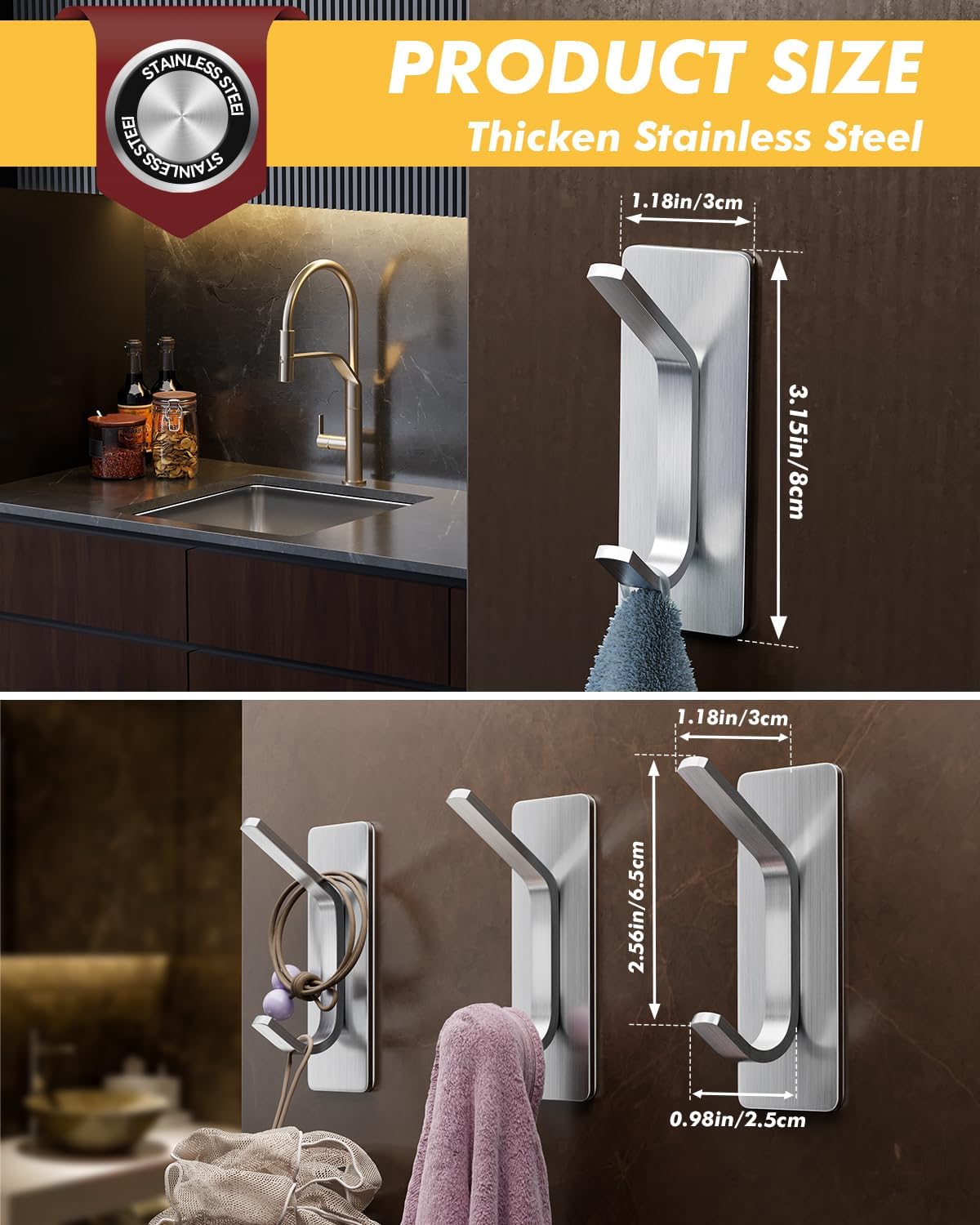 Auxmir Self Adhesive Hooks 15lbs Heavy Duty, 5 Pack Stainless Steel Wall Hooks for Coat Towel Robe, Waterproof Rustproof Oilproof, No Drill Door Hanger for Bathroom Shower Kitchen Office RV, Silver