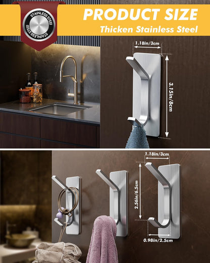 Auxmir Self Adhesive Hooks 15lbs Heavy Duty, 5 Pack Stainless Steel Wall Hooks for Coat Towel Robe, Waterproof Rustproof Oilproof, No Drill Door Hanger for Bathroom Shower Kitchen Office RV, Silver