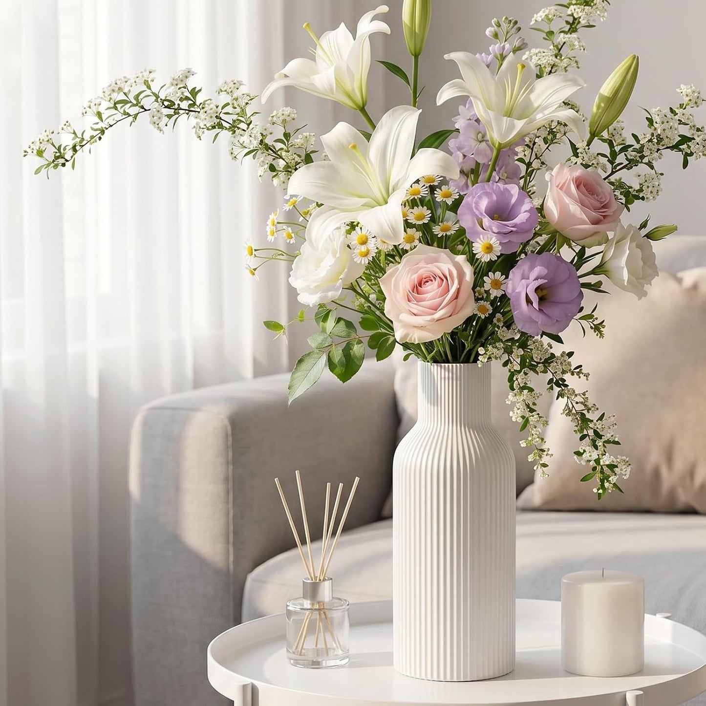 White Ceramic Flower Vases Set of 3, Modern Matte Vertical Ribbed, Nordic Minimalist Decor for Pampas, Dried & Fresh Flowers, Centerpiece for Living Room, Shelf, Entryway, Wedding,Office