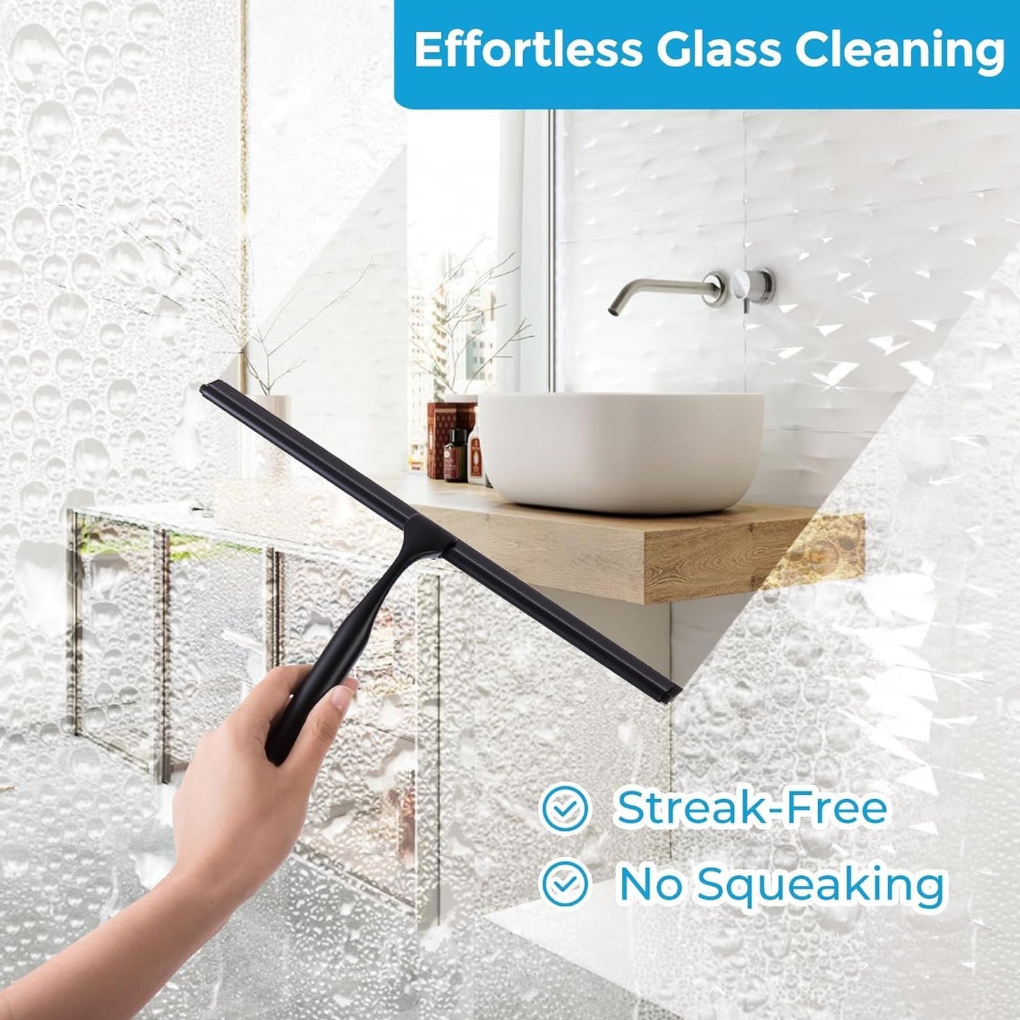 Quntis 10-Inch Matte Black Shower Squeegee for Glass Doors – Stainless Steel with Non-Slip Handle, Replacement Blade & Hook – Ideal for Bathroom, Mirrors, Tiles, and Car Windows