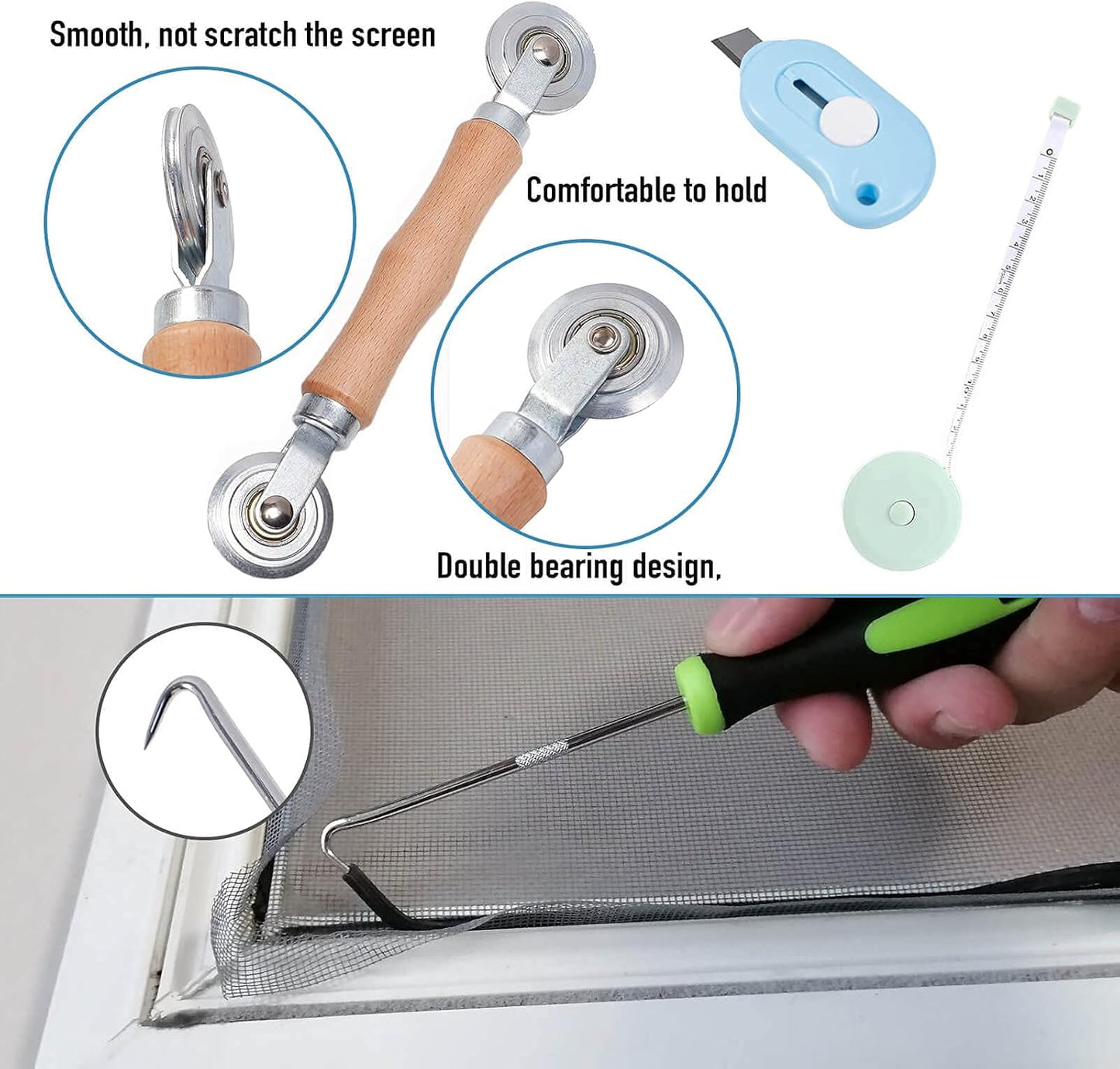 Windows Screen and Screen Door Repair Kit, 48"x118" Charcoal Fiberglass Mesh with Rolling Tool/Hook/Ruler/Cutter/Spline - Window Screen & Sliding Screen Door Replacement for Windows, TOOLTRIZ
